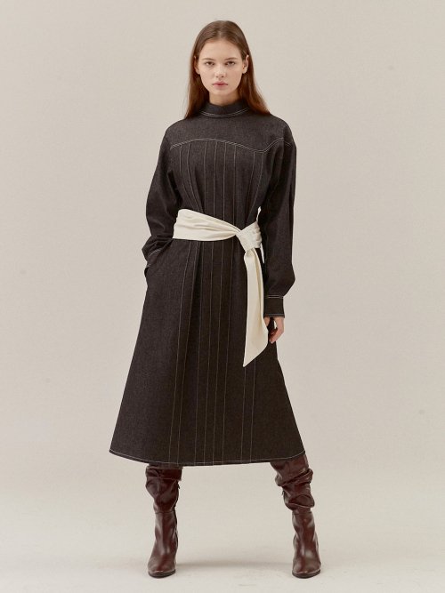 Eco Leather Belted Denim Maxi Dress