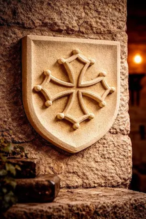 Occitanie Cross Coat of Arms for Wall Hanging - Medieval Handcrafted Sculpture 25 cm - Historical Decoration, Southern France