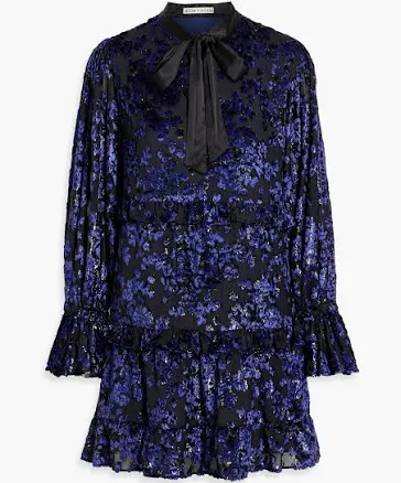 Alice + Olivia Moranne pussy-bow ruffled metallic fil coupé mini dress - Women - Indigo Dresses - XS