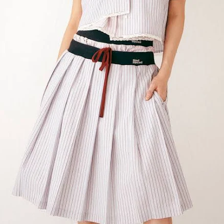 Cotton Pleated Midi Skirt Stripe_Blue