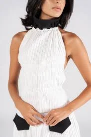 Pleated Collared Top - WhiteXBlack / Large / Women