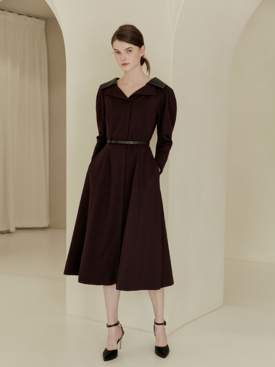 LYANA Wide Notched Collar Puffed Sleeve A Line Dress (Burgundy)