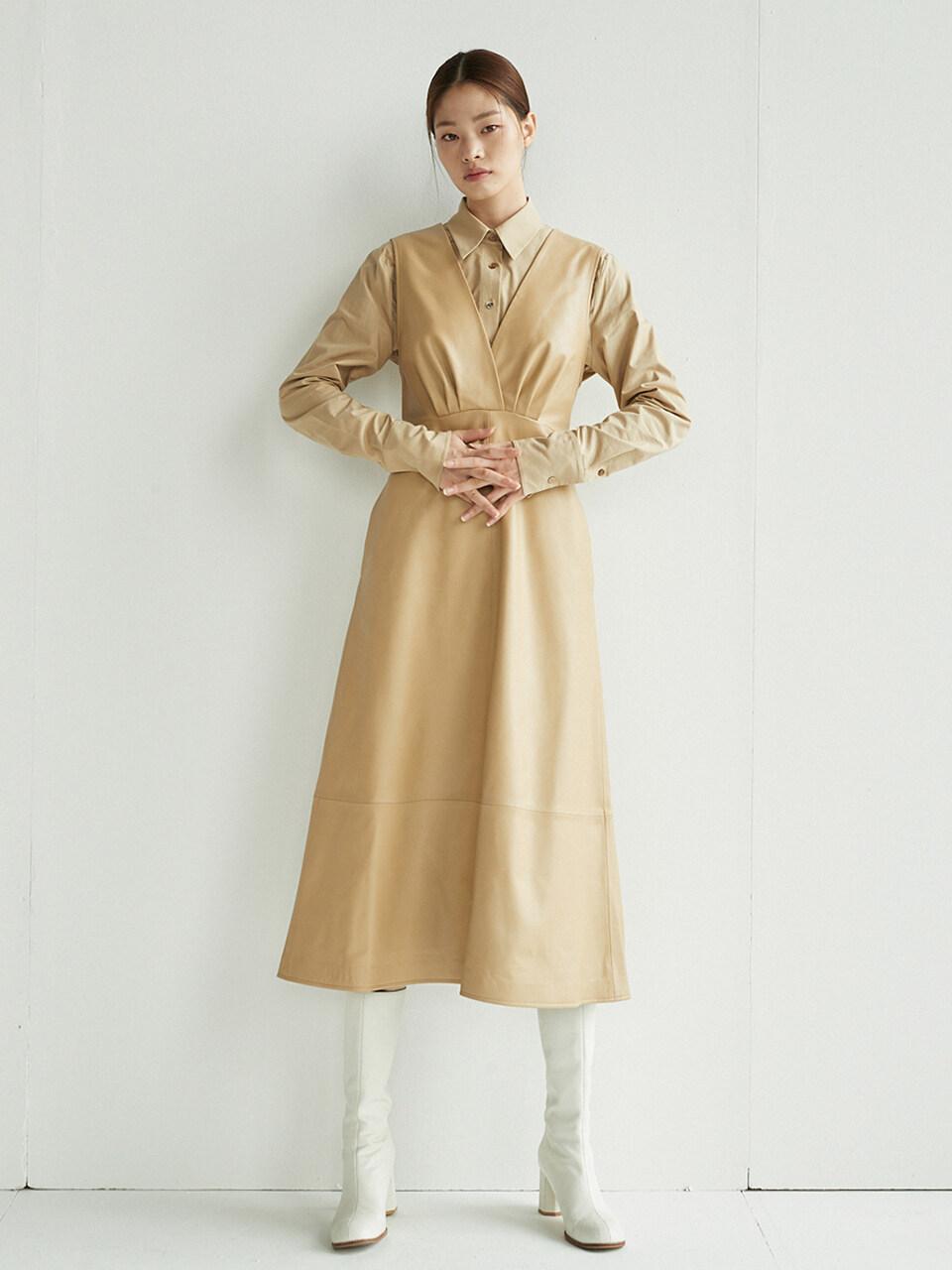 V-neck Lambskin Leather Midi Dress_Sand Brown