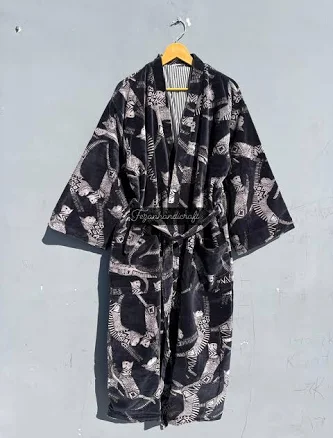 Boho Animal Print Velvet Kimono Robe