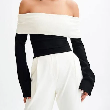 Women's Off Shoulder Two Tone Color Block Knit Long Sleeve Top