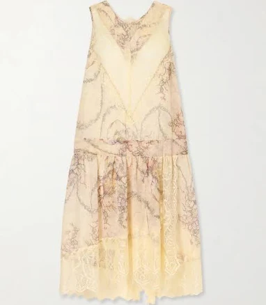 Anna Sui Floral-Print Lace-Trimmed Chiffon Midi Dress