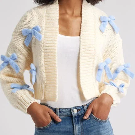 Roffe Accessories Women's Bow Accent Crop Open Front Cardigan