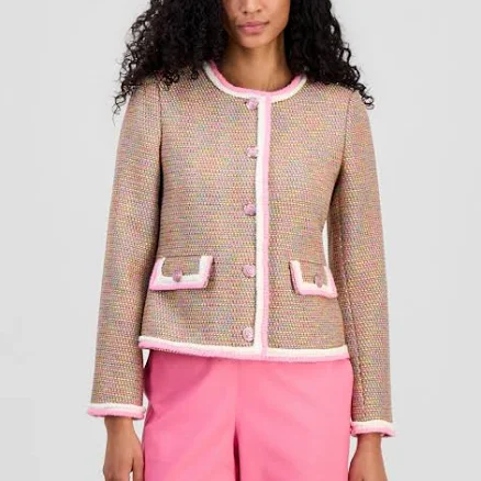 Tahari Women's Braided-Trim Tweed Crewneck Jacket