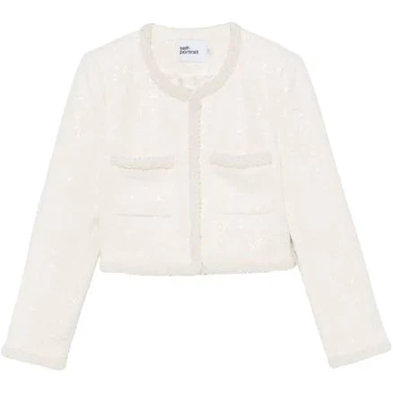 Self-Portrait White Bouclé Faux-Pearl Trim Cropped Jacket 2 US