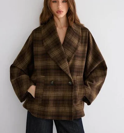 Wool-blend Gingham Loose Coat