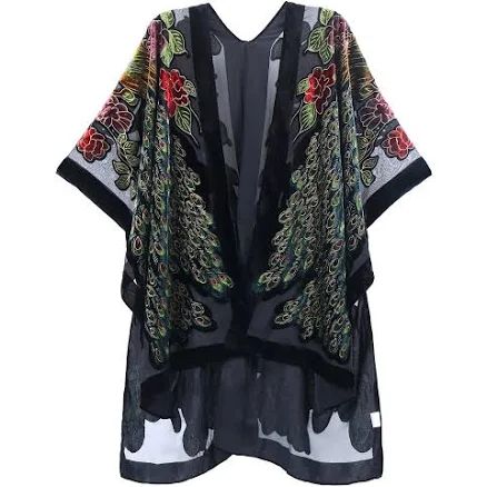 Enchanted Peacock Floral Print Velvet Burnout Kimono