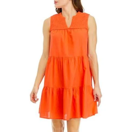Crown & Ivy Women's Sleeveless Solid Smocked Peasant Dress - CORAL SASH - XXL