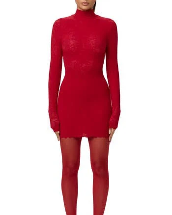 Naked Wardrobe Women's Scalloped Long Sleeve Lace Minidress