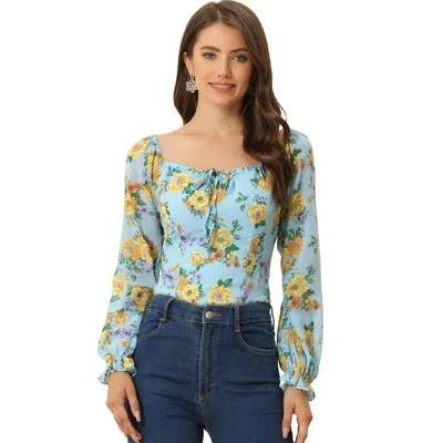 Inspire CHIC Women's Floral Smocked Puff Long Sleeve Square Neck Blouse