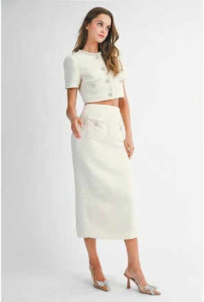 Pippa & Pearl Women's Mackenzie Tweed Jeweled Button Up Crop Jacket & Midi