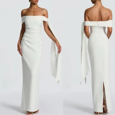 Babyboo Babyboo Addie Off Shoulder Ruched Ivory Crepe Maxi Dress | Sz: S | Color: White