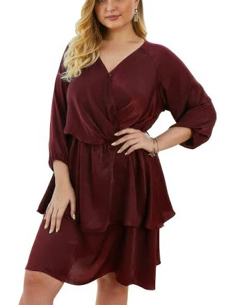 Plus Size Solid V Neck Ruffled Hem Dress Wine / 4xl