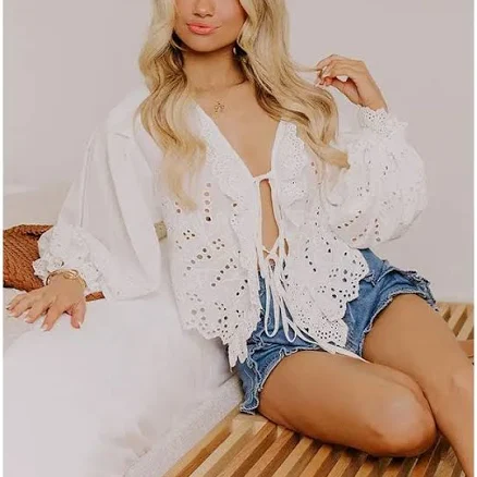 Heart Flutters Eyelet Front Tie Top