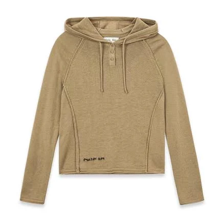 MATIN KIM - BUTTON HOODY RAGLAN KNIT TOP IN KHAKI