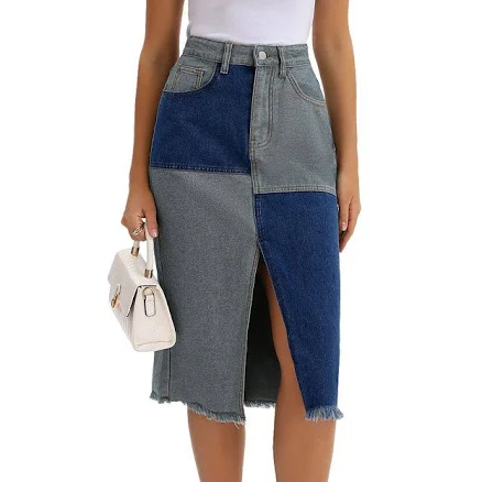 Women's Jean Skirt Color Block Patchwork Raw Hem Slit Midi Denim Skirts, Size: Medium, Blue